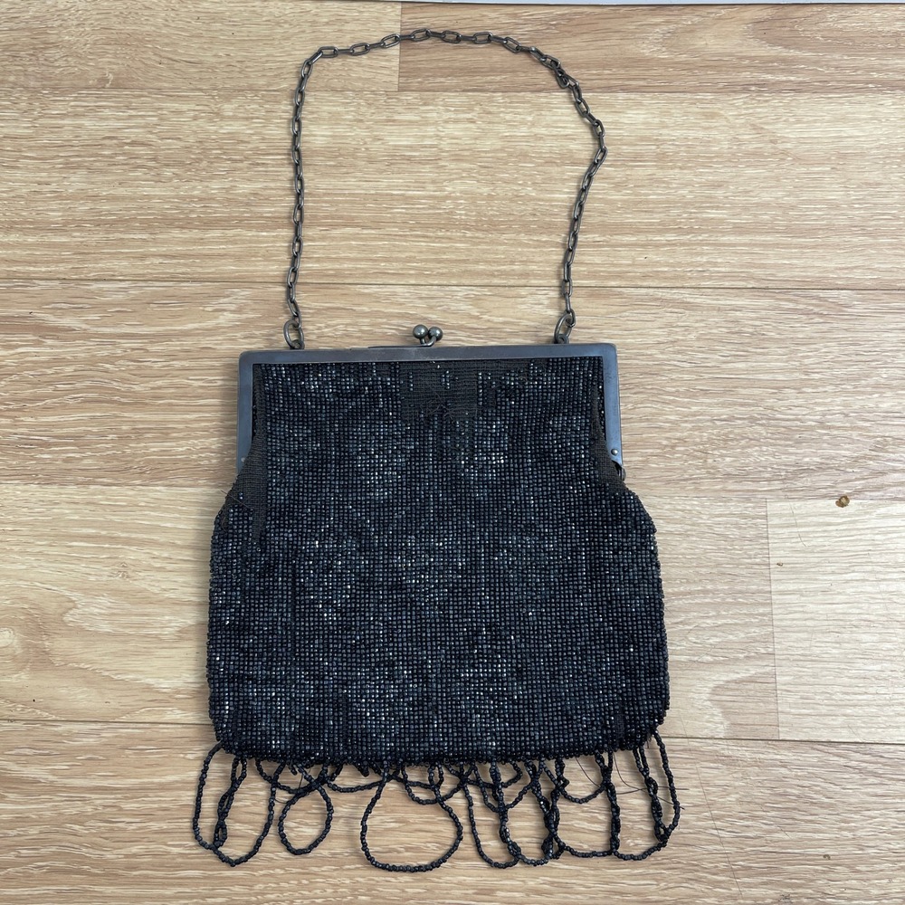 Antique Black Micro Beaded Evening Bag Floral Kiss Lock Fringe Art Deco Purse